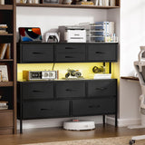 REAHOME Dresser TV Stand with Charging Station and LED Lights, 55” TV Stand with 9 Drawers, Fabric Dresser for Bedroom, Steel Frame, Large Storage Chest of Drawers for Closet, Living Room, Black Gray REAHOME