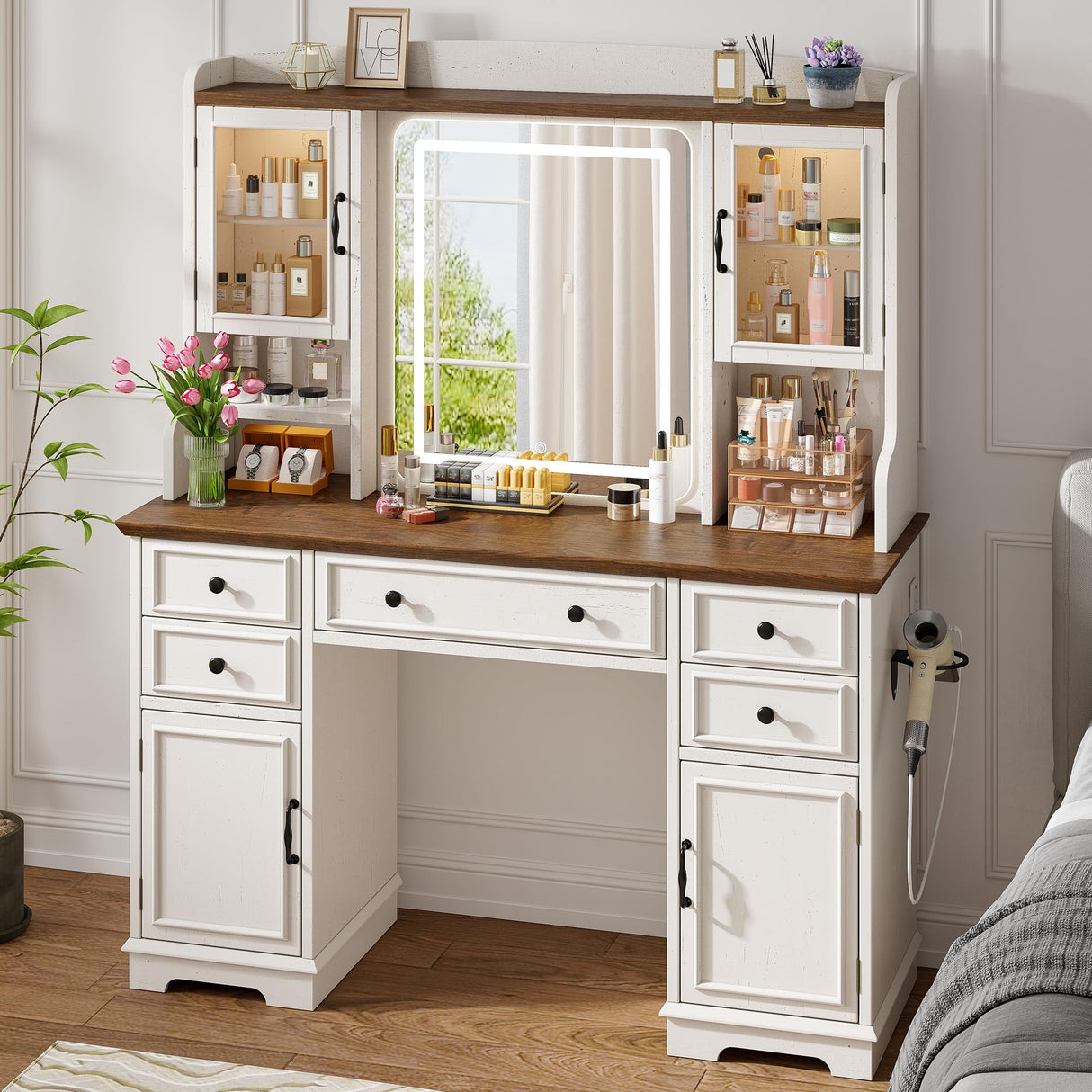 EnHomee Farmhouse Vanity Desk with LED Lighted Mirror, Makeup Vanity Table with RGB Cabinets and Lots Storage, 5 Drawers and 6 Storage Shelves for Bedroom and Dressing Room, White EnHomee