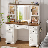 EnHomee Farmhouse Vanity Desk with LED Lighted Mirror, Makeup Vanity Table with RGB Cabinets and Lots Storage, 5 Drawers and 6 Storage Shelves for Bedroom and Dressing Room, White EnHomee