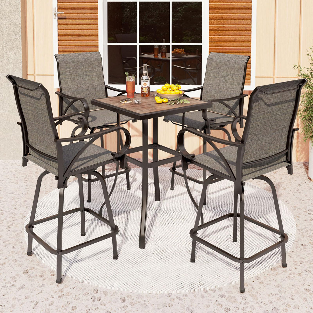 PHI VILLA 5 Piece Outdoor Bar Set, High Top Patio Table and Chairs with 4 Swivel Bar Stools (Grey) & Square Bar Bistro Table for Garden, Yard PHI VILLA