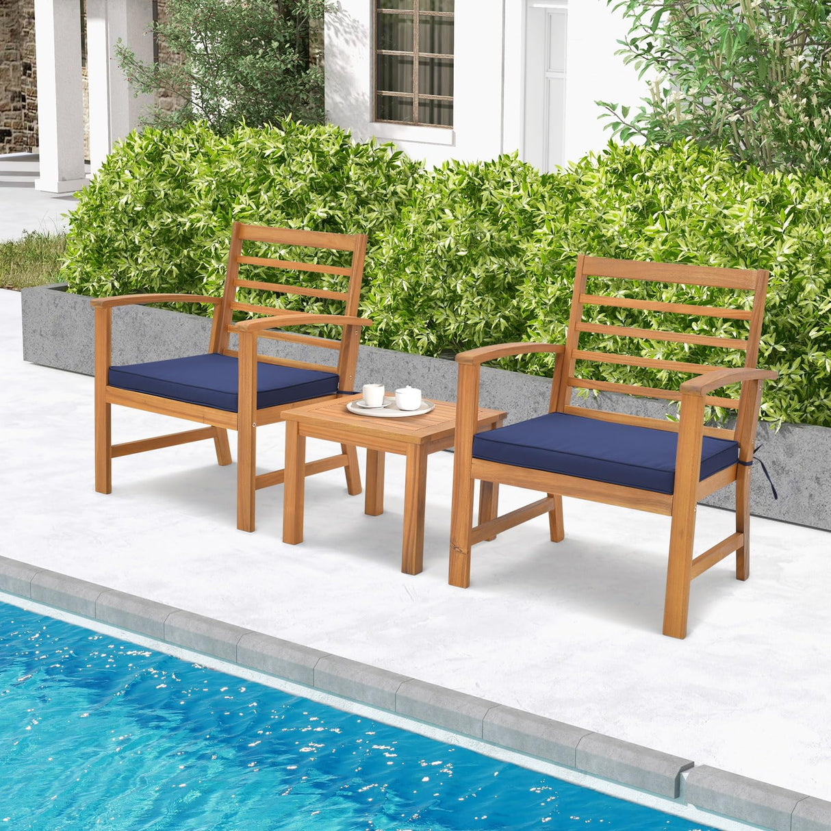 Tangkula 3 Pieces Outdoor Furniture Set, Acacia Wood Conversation Set with Soft Seat Cushions, Stable Acacia Wood Frame, Patio Sofa & Coffee Table Set for Backyard, Porch, Poolside (Navy) Tangkula
