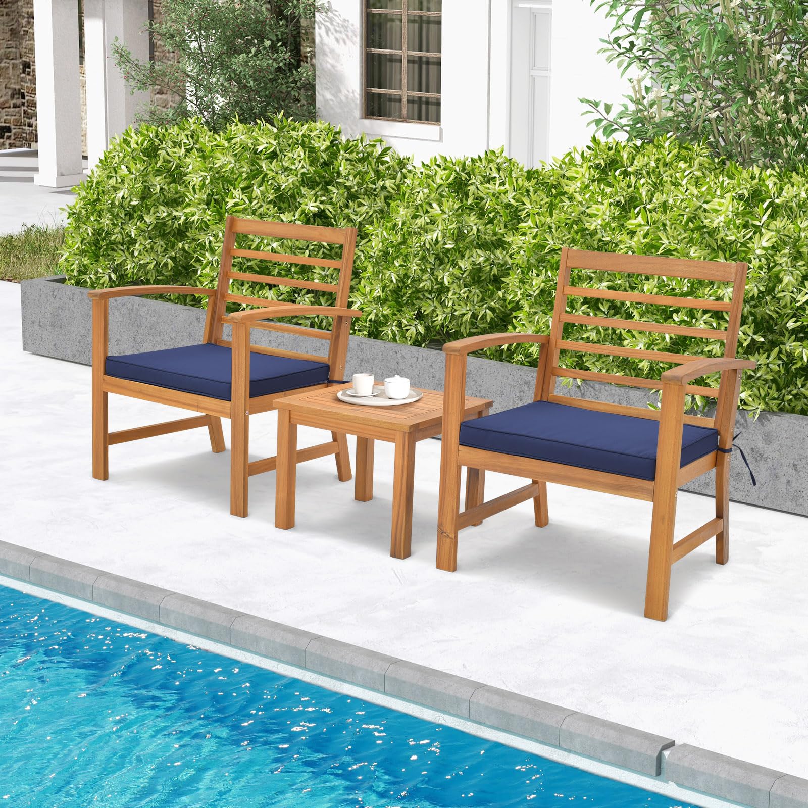 Tangkula 3 Pieces Outdoor Furniture Set, Acacia Wood Conversation Set with Soft Seat Cushions, Stable Acacia Wood Frame, Patio Sofa & Coffee Table Set for Backyard, Porch, Poolside (Navy) - WoodArtSupply