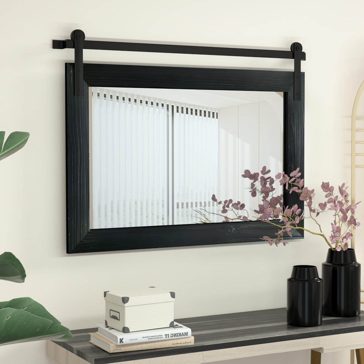 COGOOD Farmhouse Bathroom Mirror - 41" x 30" Rustic Barn Door Mirror for Living Room, Entryway, Bedroom, Vanity Wall Decor (Black) COGOOD