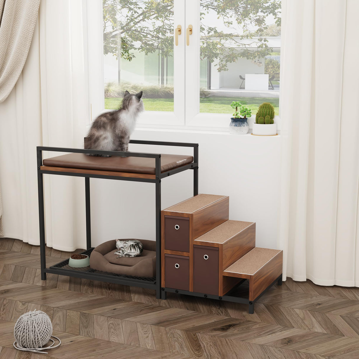 Dog Window Perch, Dog Bed and Dog Stairs, Dog Cot with 3-Tier Dog Steps, Wood Pet Stairs w/Raised Dog Bed, Bunk and Pet Steps with Storage Drawers,Cat Window Perch, Dog Perch to Look Out Window EazeHome