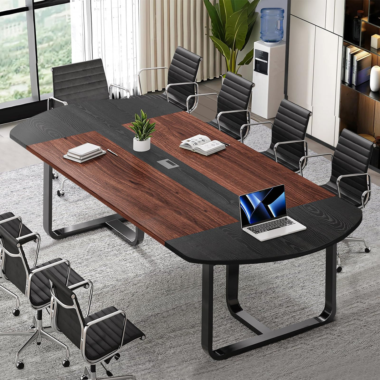 MaverickFurni 8FT Conference Table, Walnut and Black Conference Room Table Curved for Office with Rectangle Grommet, Modern Meeting Table for Office MaverickFurni