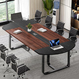 MaverickFurni 8FT Conference Table, Walnut and Black Conference Room Table Curved for Office with Rectangle Grommet, Modern Meeting Table for Office MaverickFurni
