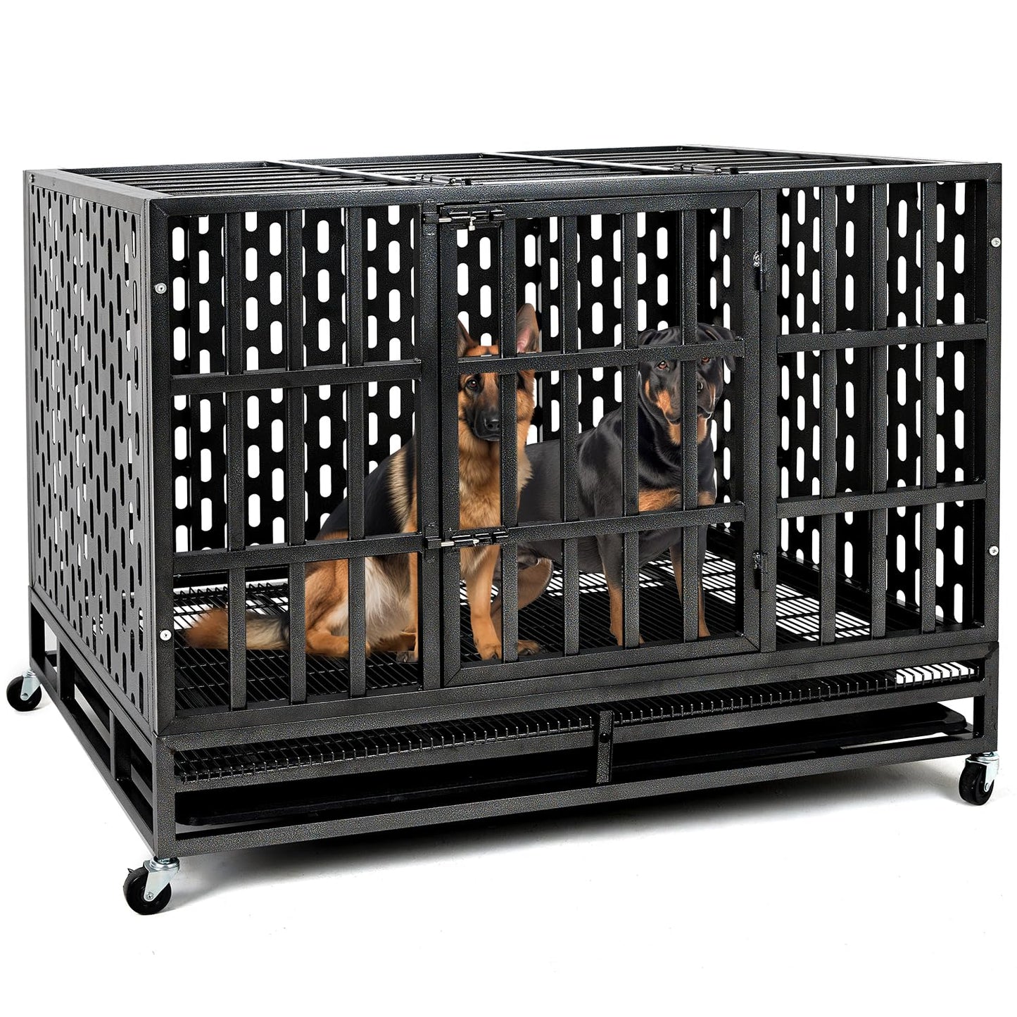 48 Inch Heavy Duty Indestructible XL Dog Crate Steel Escape Proof, Indoor Double Door High Anxiety Cage, Kennel with Wheels, Removable Tray, Extra Large XXL