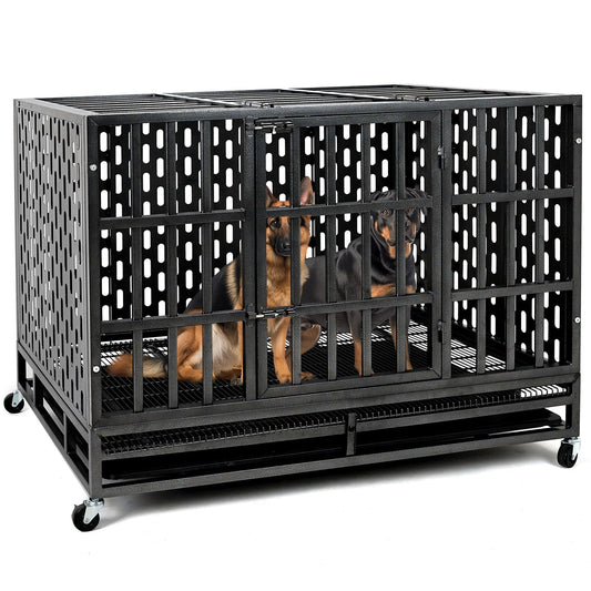 48 Inch Heavy Duty Indestructible XL Dog Crate Steel Escape Proof, Indoor Double Door High Anxiety Cage, Kennel with Wheels, Removable Tray, Extra Large XXL