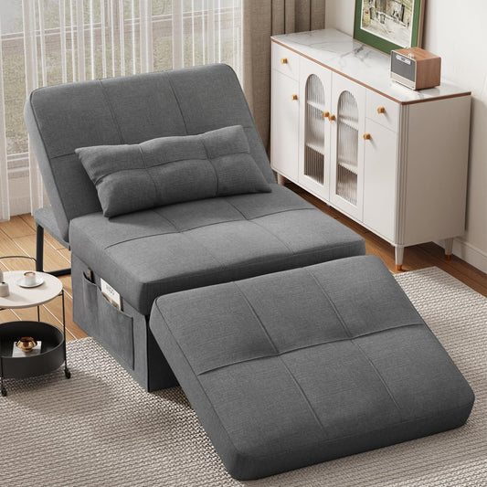 Sleeper Chair Bed, 4 in 1 Convertible Chair Bed Sofa Bed, Assembly-Free Sofa Chair Bed with Adjustable Backrest and Pillow, Modern Breathable Linen Fabric for Living Room Apartment Office, Dark Grey