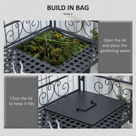 Outsunny Folding Potting Bench Table, Metal Garden Workstation, Work Bench with Large Build-in Bag with Cover, 5 Hanging Hooks & Storage Shelf, Flourishes Outsunny