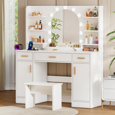 Vanity Desk with Mirror and 11 LED Lights, 43'' Makeup Vanity Table with Power Outlet & Chair, Dressing Table with 3 Drawers, 2 Cabinets and 6 Open Shelfs for Bedroom, White