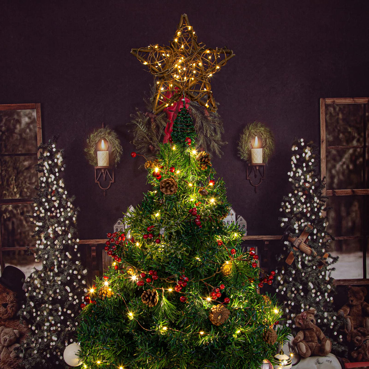 Rattan Natural Star Christmas Tree Topper - Rustic Farmhouse Xmas Treetop with 50 Warm LED Lights for Indoor Christmas Tree Decorations Holiday Seasonal Decor DDcafor