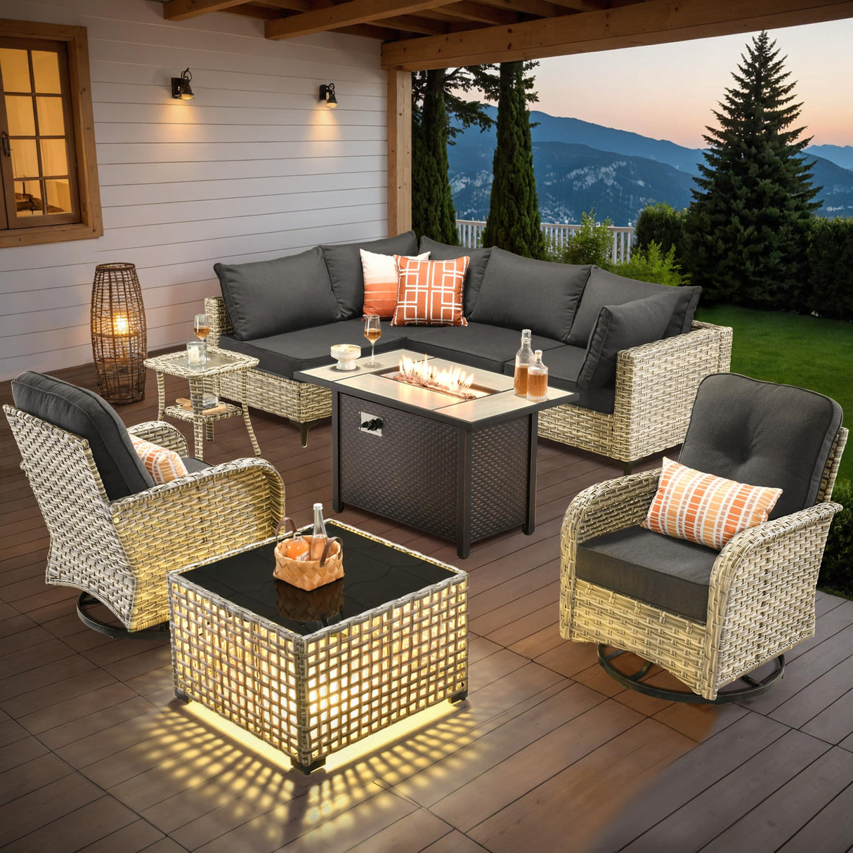 Outdoor Sectional Patio Furniture Set with Swivel Rocking Chairs,9 Pieces Wicker Conversation Sets L Shaped Couch Out Door Sofa Set Outside Furniture for Garden Deck Yard Porch,Black POUUIN