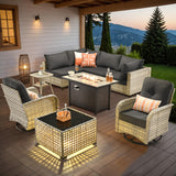 Outdoor Sectional Patio Furniture Set with Swivel Rocking Chairs,9 Pieces Wicker Conversation Sets L Shaped Couch Out Door Sofa Set Outside Furniture for Garden Deck Yard Porch,Black POUUIN