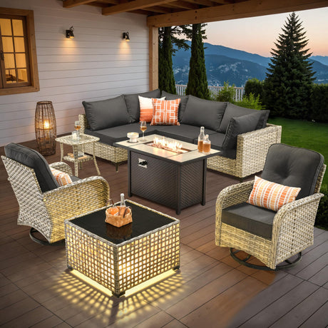 Outdoor Sectional Patio Furniture Set with Swivel Rocking Chairs,9 Pieces Wicker Conversation Sets L Shaped Couch Out Door Sofa Set Outside Furniture for Garden Deck Yard Porch,Black POUUIN