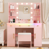 HUANLEGO Vanity Desk with Mirror and Lights,Pink Makeup Vanity with Charging Station & Vanity Stool, 3 Drawers and Cabinets White Vanity Mirror with RGB LED Lights Vanity Desk and Chair for Women HUANLEGO