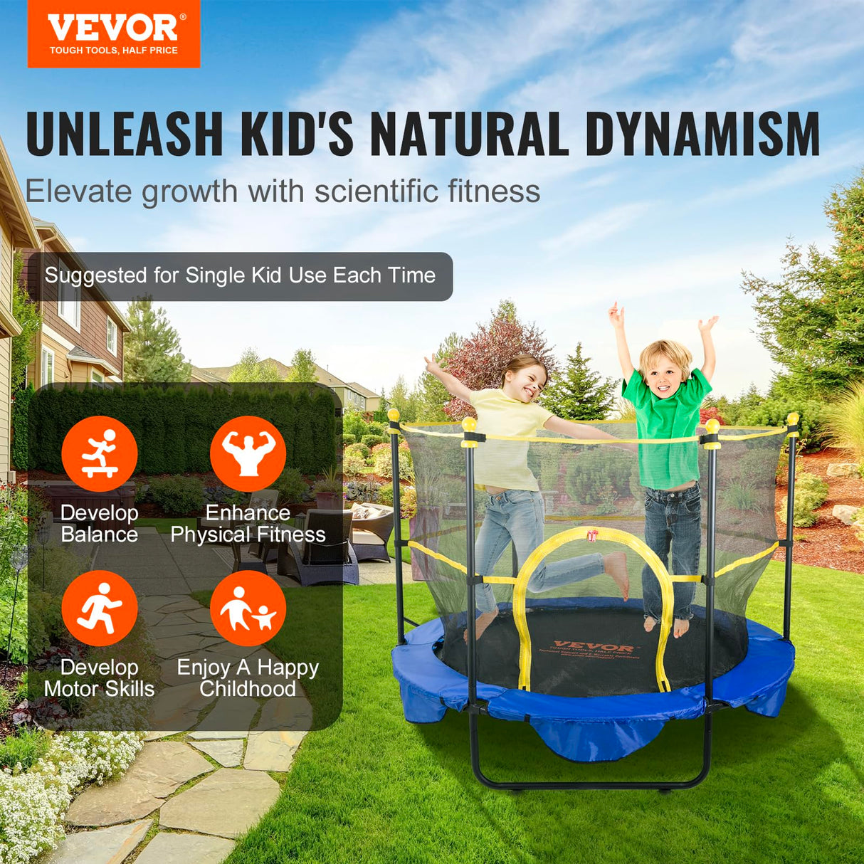 VEVOR 5FT Trampoline for Kids, 60" Indoor Outdoor Trampolines with Safety Enclosure Net, Basketball Hoop and Ocean Balls, Mini Toddler Recreational Birthday Gifts for 3+ Years Kids VEVOR