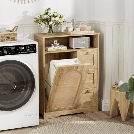 Natural Rattan Storage Cabinet with 3 Drawers, Tilt Out Trash Can Cabinet for 10 Gallon Trash Can for Laundry Hamper, Accent Furniture, Dual Dog Proof Garbage Can Cabinet for Living Room, Barthroom FiveWillowise