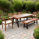 Goldshire 7 Pieces Outdoor Dining Set, 1 Acacia Wood Patio Table & 1 Bench & 5 Chairs for 7-8 Persons with Removable Cushions for Indoor Yard Garden Goldshire