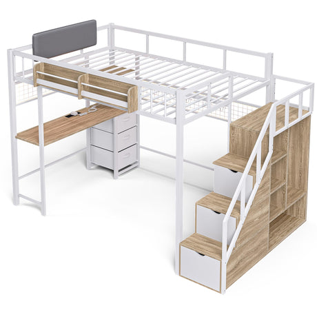advwin Full Size Loft Bed with Desk and Stairs, Storage Drawers and Shelves, Charging Station, LED Light, Safety Guardrail & Ladders, Metal Loft Bed Frame Gaming Bed for Adult, Space-Saving, White advwin