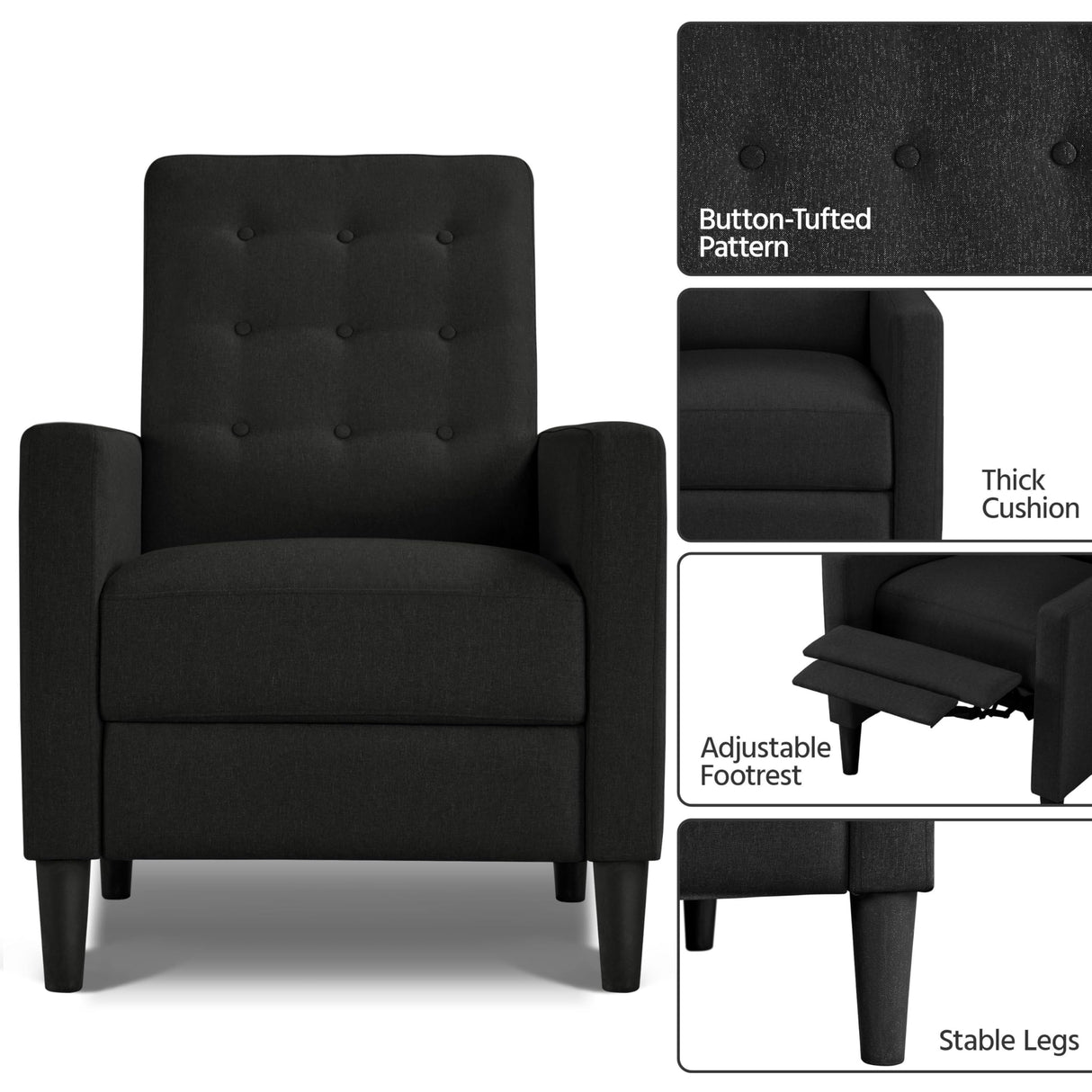 Yaheetech Fabric Recliner Chair Mid-Century Modern Recliner Adjustable Single Recliner Sofa with Thicker Seat Cushion Tufted Upholstered Sofa with Pocket Spring for Living Room Bedroom Black Yaheetech