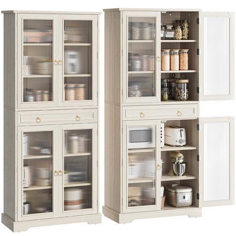 Curlaky Kitchen Pantry Cabinet with Arcylic Doors and Adjustable Shelves - 72" Tall Storage Cabinet Freestanding Cupboard with Drawer, Food Pantry Cabinet, Wood Storage Cabinets for Dining Room, White Curlaky