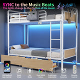 Jocoevol Metal LED Bunk Bed Twin Over Twin with 2 Storage Drawers, USB Charging Station, Industrial Bunkbeds Heavy Duty Bed with Safety Guardrail and Ladder, No Box Spring Needed, White Jocoevol