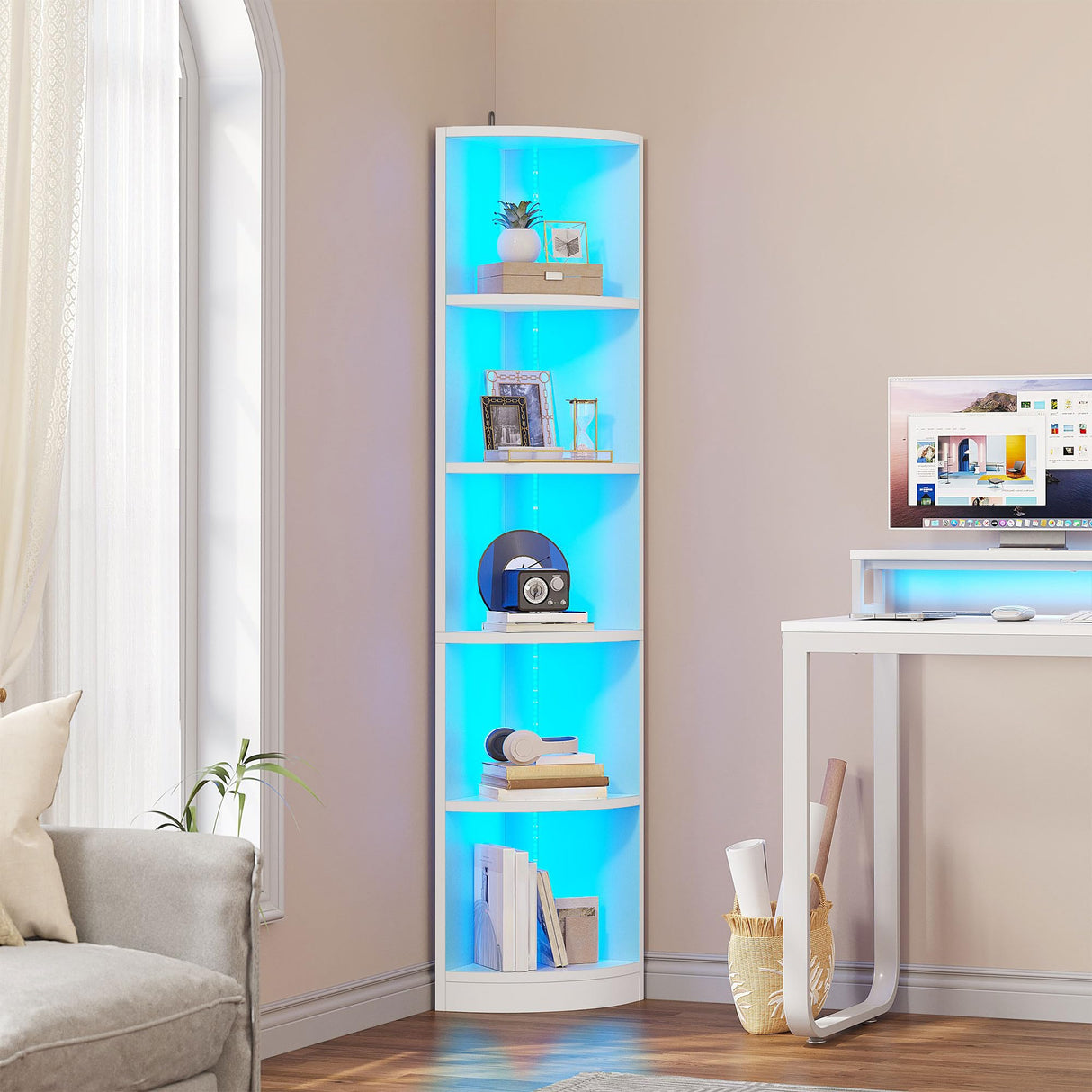 YITAHOME 70.8" Corner Shelf with LED Light, 5 Tier Modern Corner Bookshelf, Display Corner‘s Bookcase and Bookshelves,Wooden Open Storage Book Shelves for Bedroom, Living Room, Home Office, White YITAHOME