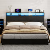 IKIFLY King Size LED Storage Headboard with Charging Station – Stylish Black Metal and Wood Design for Easy Bedroom Assembly IKIFLY