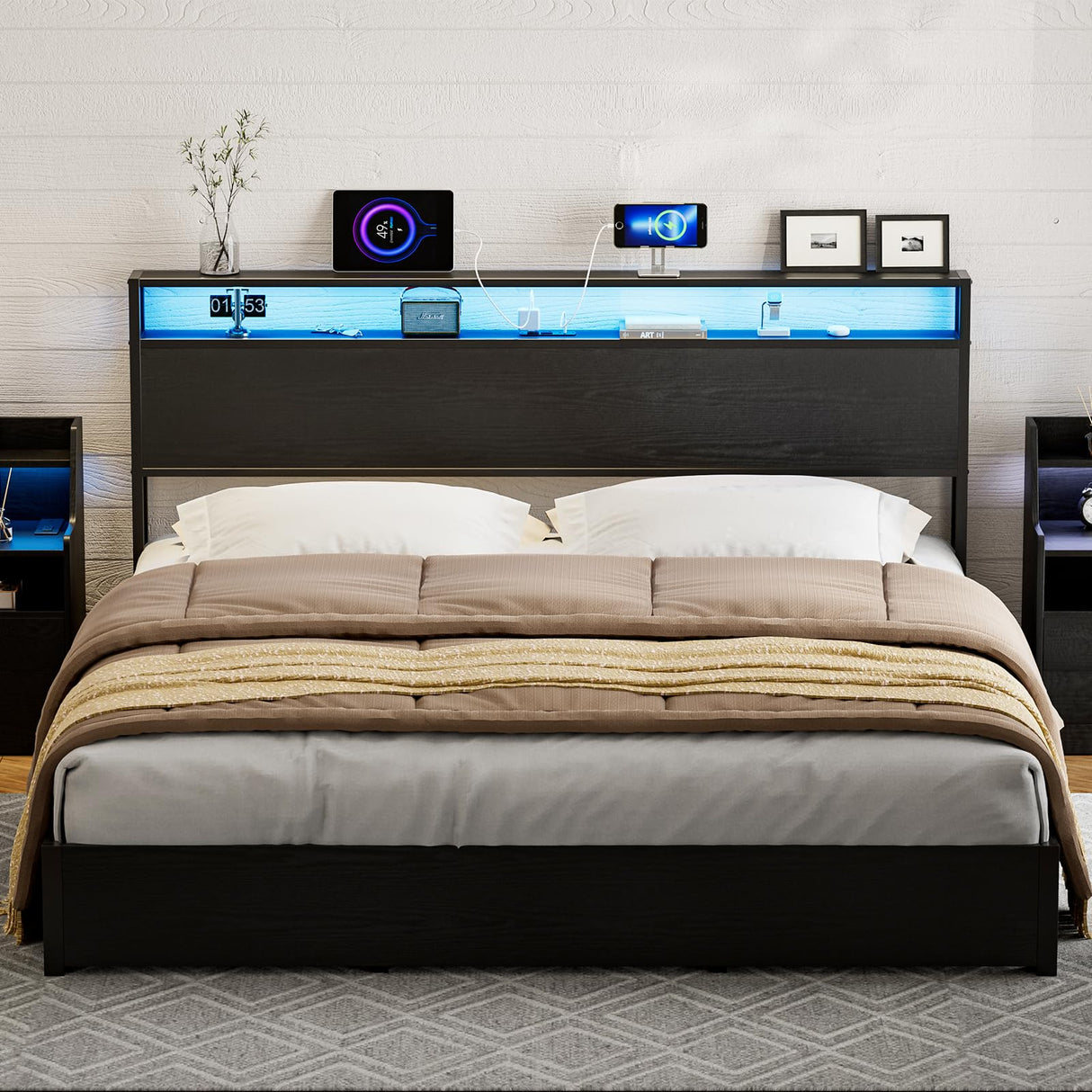 AOVSA King Size Storage Headboard with LED Mood Lighting, Charging Station & Metal/Wood Design - Black AOVSA