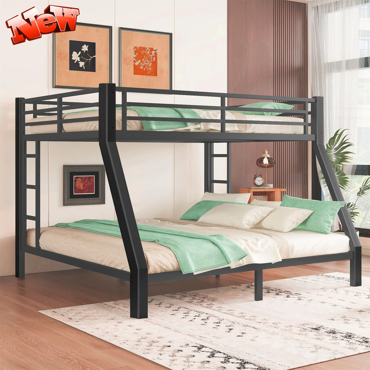 LEEKOUS Upgraded Version Thicken Metal Queen Over King Bunk Bed, Stronger Heavy Duty Steel Bunk Beds Queen Over King Size with Ladder and Guard Rail for Adults, Easy Assembly (Queen Over King) LEEKOUS