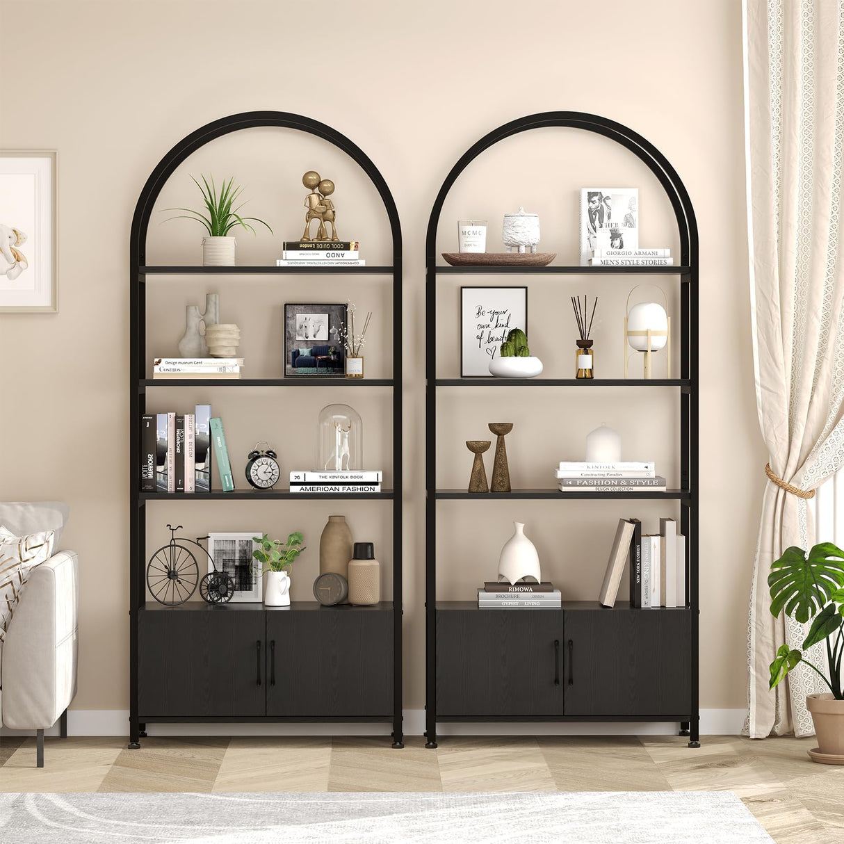 GarveeHome 4 Tier Bookshelf, Arched Bookcase with Doors Storage, 71.5 in Tall Industrial Book Shelf with Sturdy Metal Frame and Quality Boards, Freestanding Display Shelving Bookshelf for Study,Black GarveeHome