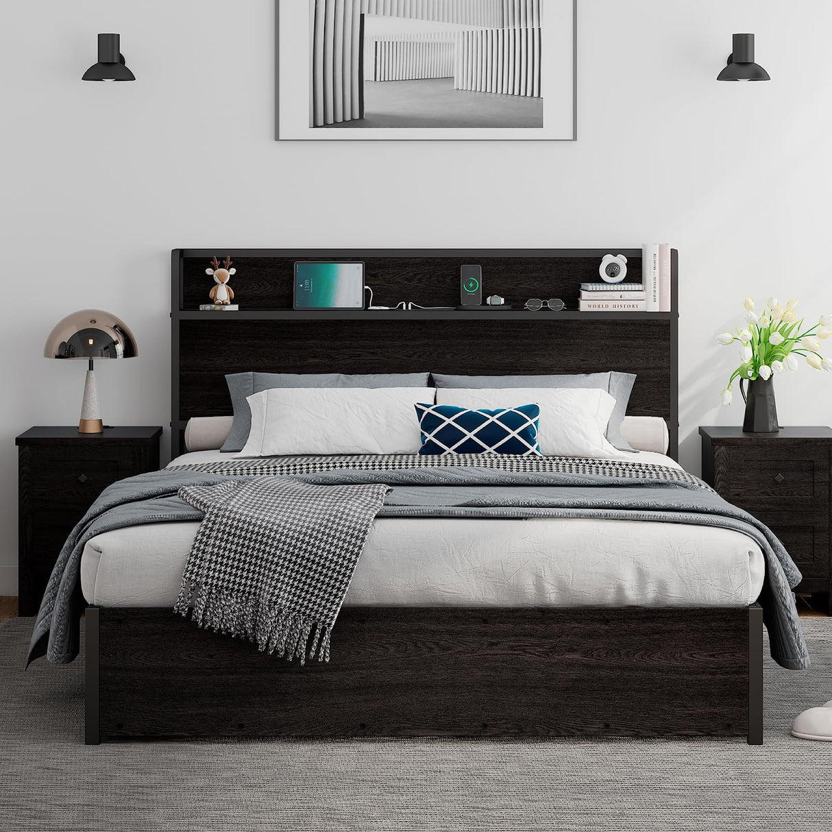LUXOAK Queen Size Black Lift Up Storage Bed with Charging Headboard and Easy Assembly LUXOAK
