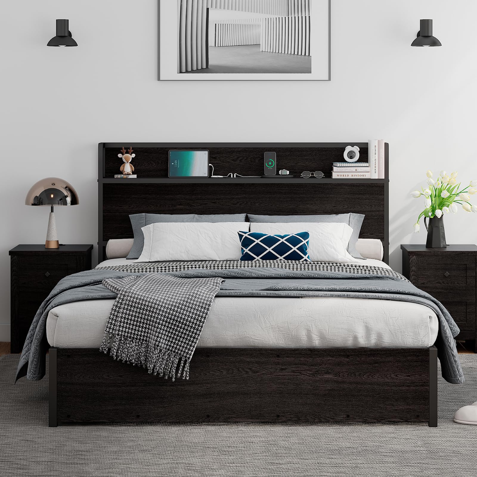 LUXOAK Queen Size Black Lift Up Storage Bed with Charging Headboard and Easy Assembly - WoodArtSupply