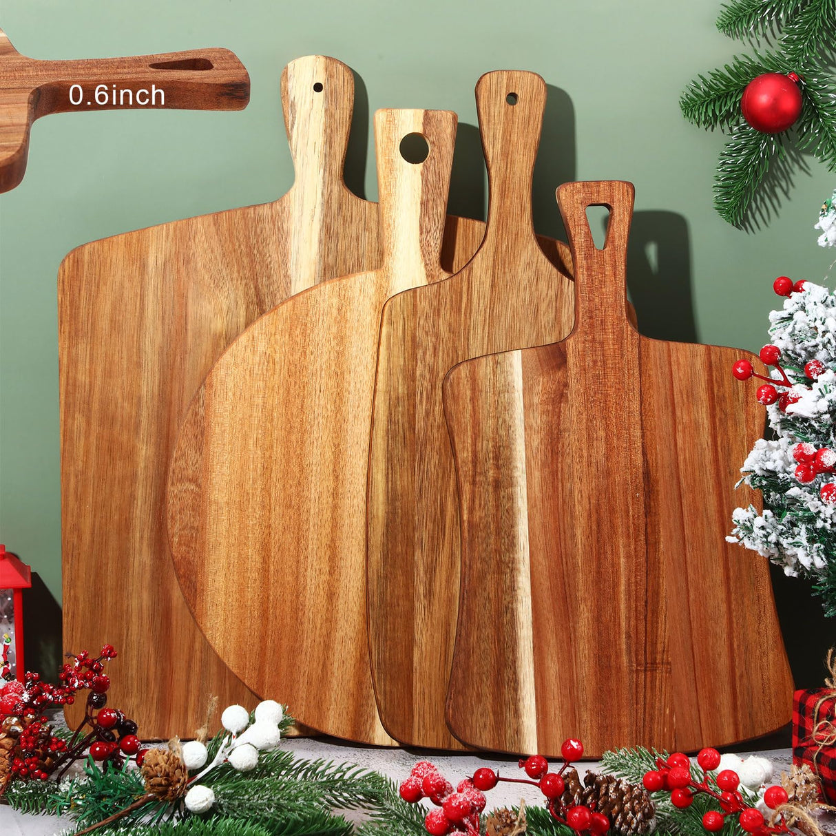 Silifine Set of 4 Thick Acacia Wood Cutting Boards with Handles, Assorted Sizes Large Charcuterie Boards, Butcher Block Serving Tray for Cheese, Meat, Pizza, Vegetables, Bread, Kitchen Dining Room SiliFine