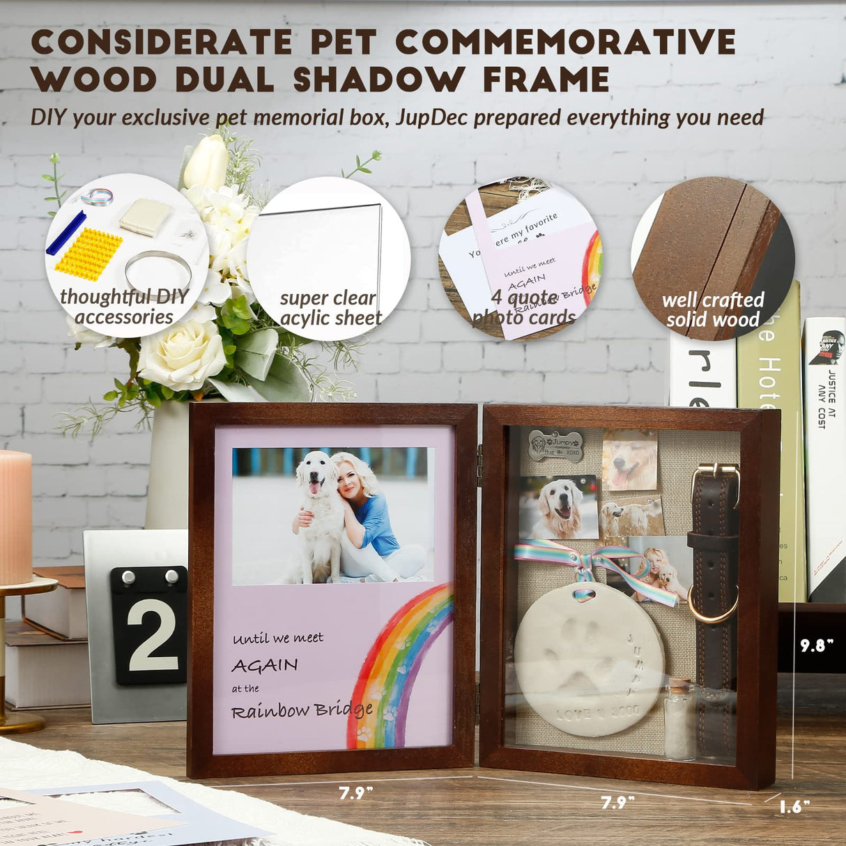 JupDec Dog Memorial Gifts Pet Shadow Box Wooden Picture Frame with Clay Paw Print Kit for Loss of Dog & Cat Remembrance Sympathy Deep Display Case for Keepsake Collar Hair (Brown) JupDec