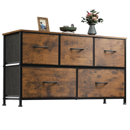 WLIVE Dresser for Bedroom with 5 Drawers, Wide Chest of Drawers, Fabric Dresser, Storage Organizer Unit with Fabric Bins for Closet, Living Room, Hallway, Rustic Brown Wood Grain Print - WoodArtSupply