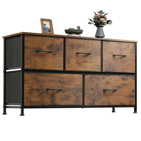 WLIVE Dresser for Bedroom with 5 Drawers, Wide Chest of Drawers, Fabric Dresser, Storage Organizer Unit with Fabric Bins for Closet, Living Room, Hallway, Rustic Brown Wood Grain Print WLIVE