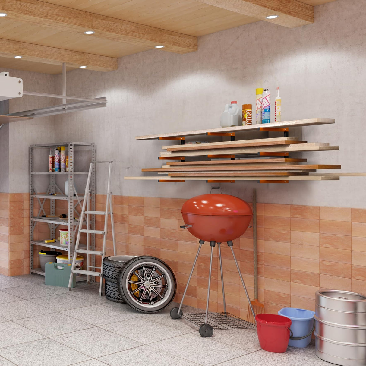 Ultrahaus 3 Pack Metal Lumber Storage Rack, Heavy Duty Steel, Wall Mounted, 3 Level Wood Storage System Ultrahaus