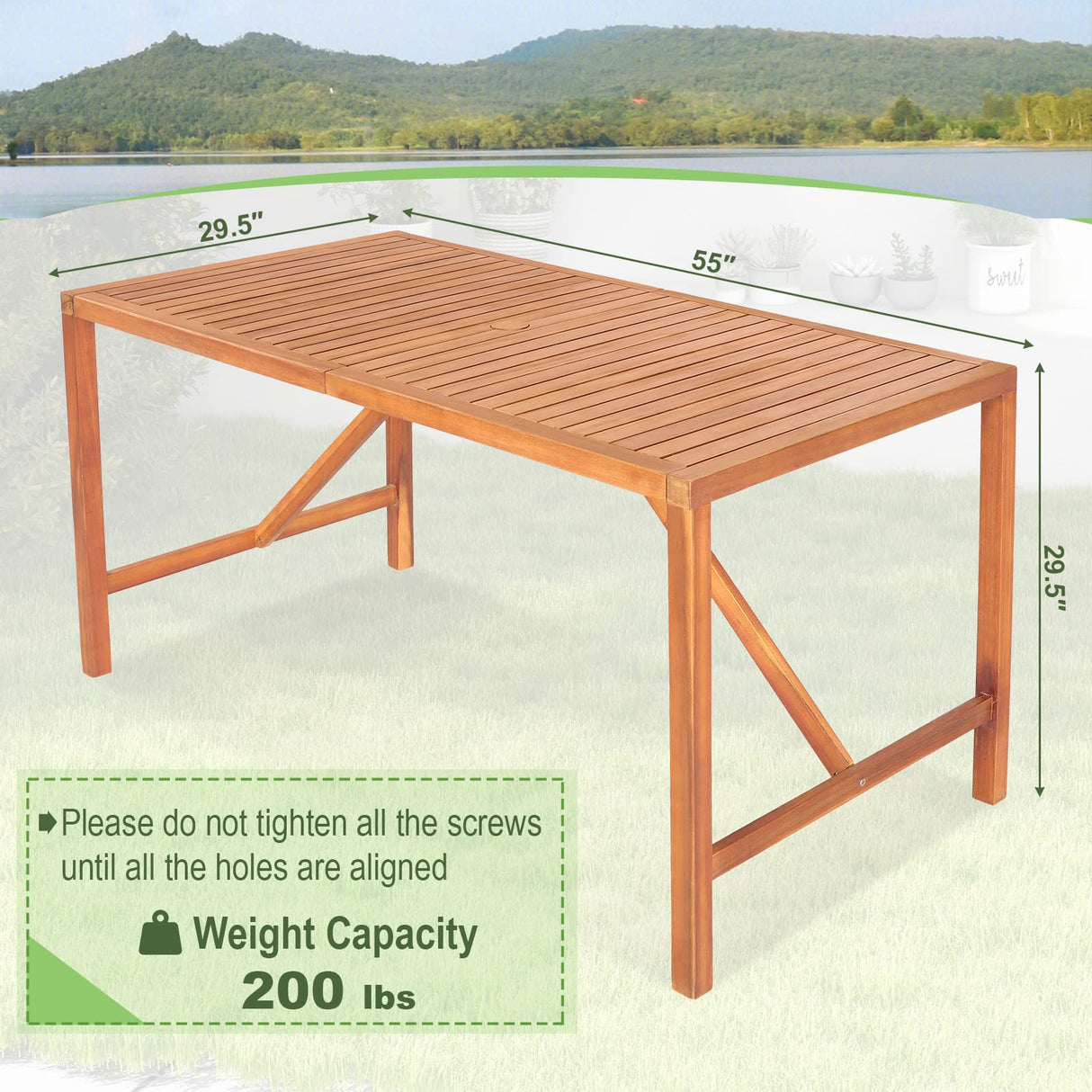 Tangkula Indoor Outdoor Acacia Wood Dining Table for 4-6 Person, Patio Rectangular Dining Table with 2 Inch Umbrella Hole and Support Bars, Outdoor Patio Table Tangkula