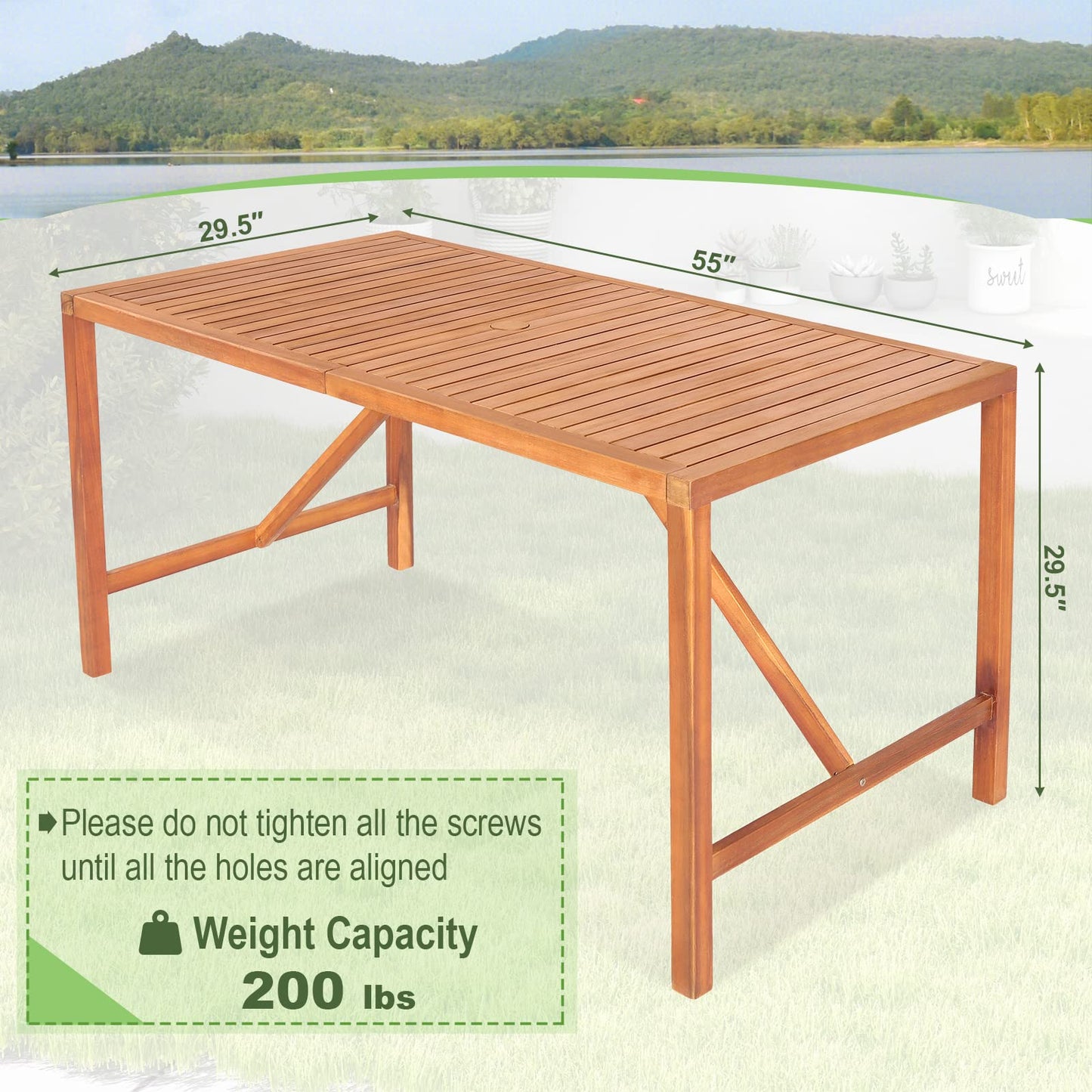 Tangkula Indoor Outdoor Acacia Wood Dining Table for 4-6 Person, Patio Rectangular Dining Table with 2 Inch Umbrella Hole and Support Bars, Outdoor Patio Table