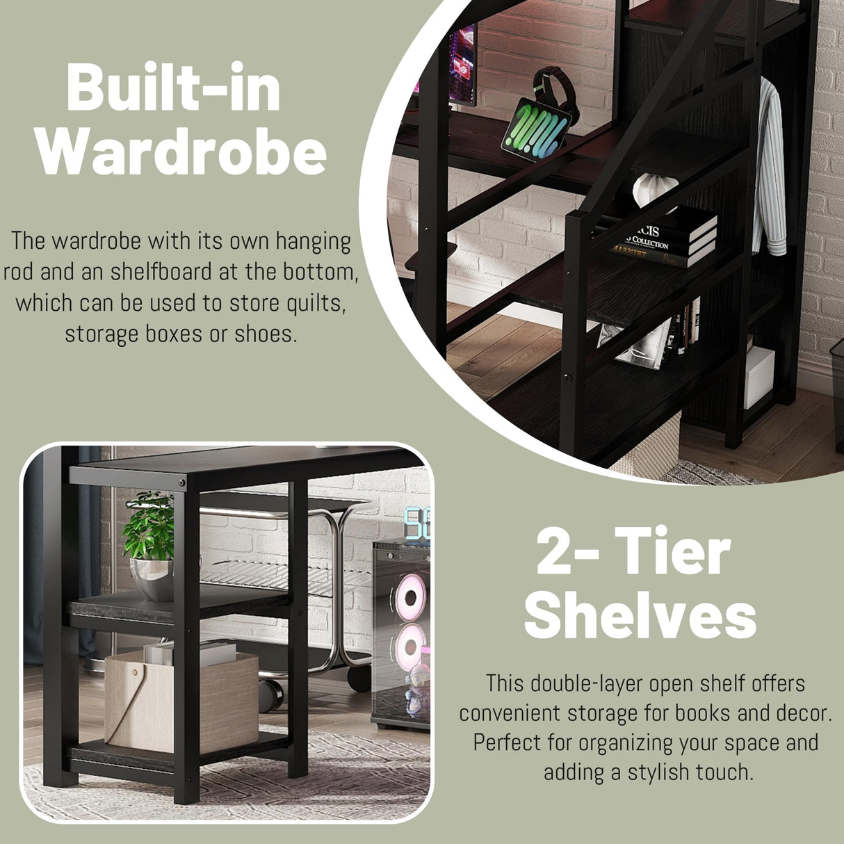 Full Size Loft Bed with Desk and Stairs,Metal Loft Bed Full with Wardrobe and Shelf, High Loft Bed with LED Light and USB for Kids, Teens, Junior, Adults,Black MoproBeti