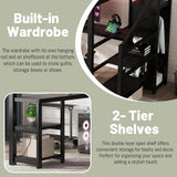 Full Size Loft Bed with Desk and Stairs,Metal Loft Bed Full with Wardrobe and Shelf, High Loft Bed with LED Light and USB for Kids, Teens, Junior, Adults,Black MoproBeti