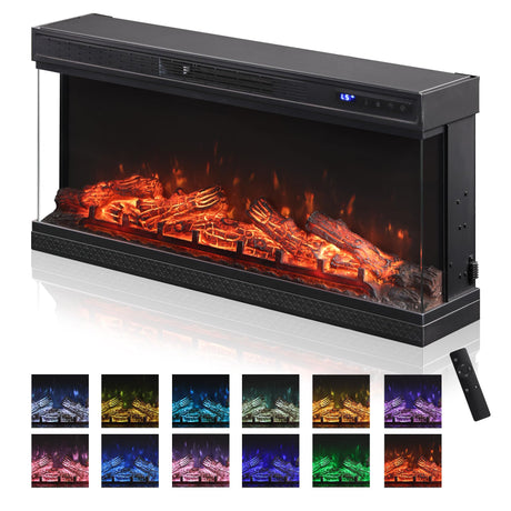 WAMPAT 36 inch 3-Sided Glass Electric Fireplace Insert, Freestanding Fireplace with Remote Control,12-Color Flame, 5 Adjustable Brightness,8 Hour Timer,1400W Fireplace Heater WAMPAT