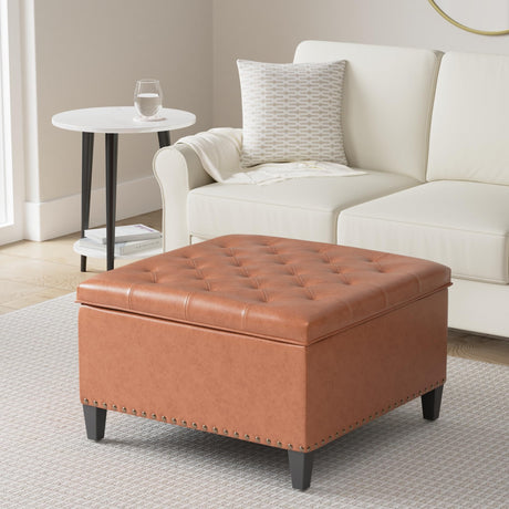 Homebeez Faux Leather Storage Ottoman Bench, Square Coffee Table Footstool Footrest with Wood Legs for Living Room (Cognac Brown) Homebeez