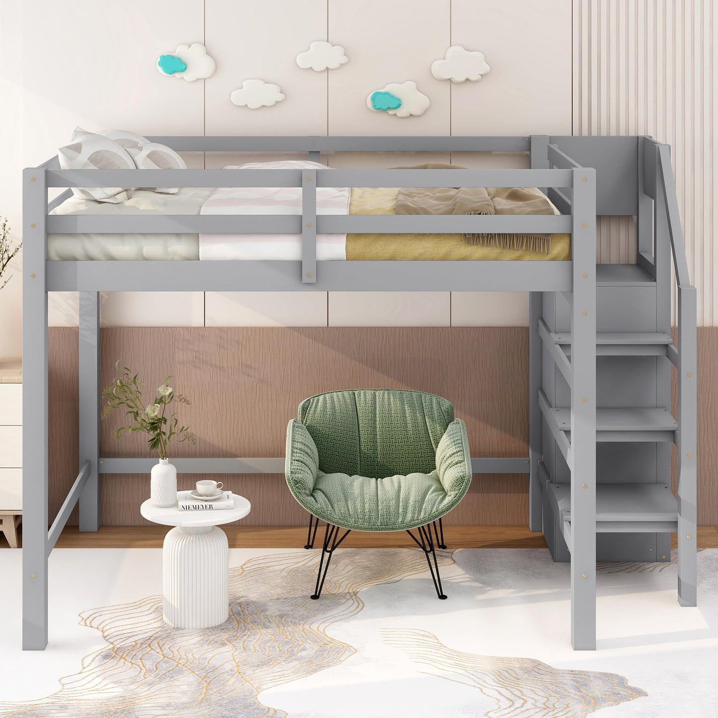 Harper & Bright Designs Grey Full Loft Bed with Storage Staircase and Wardrobe - WoodArtSupply