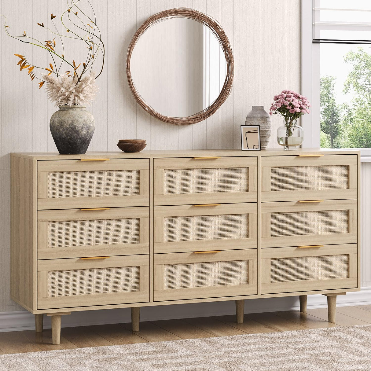 Angel Sar 59'' Boho 9 Drawer Dresser for Bedroom, Modern Rattan Dresser with Golden Handles, Sturdy Wood Legs & Anti-Tipping Design, Wood Closet Organizer Storage Cabinet with 9 Drawers Angel Sar