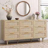 Angel Sar 59'' Boho 9 Drawer Dresser for Bedroom, Modern Rattan Dresser with Golden Handles, Sturdy Wood Legs & Anti-Tipping Design, Wood Closet Organizer Storage Cabinet with 9 Drawers Angel Sar