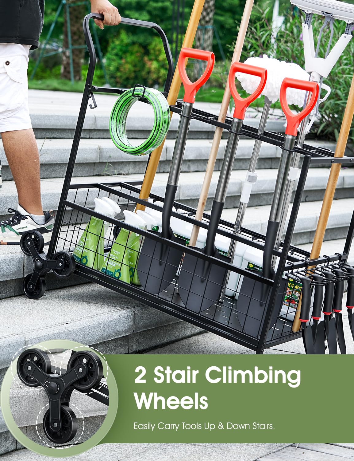 Heavy-Duty Garden Tool Organizer for Garage with 2 Stair-Climbing Wheels, Lawn & Yard Tool Storage Rack, Garage Tool Cart with Lockable Wheels, Outdoor Garden Tool Storage for Sheds SereneHome