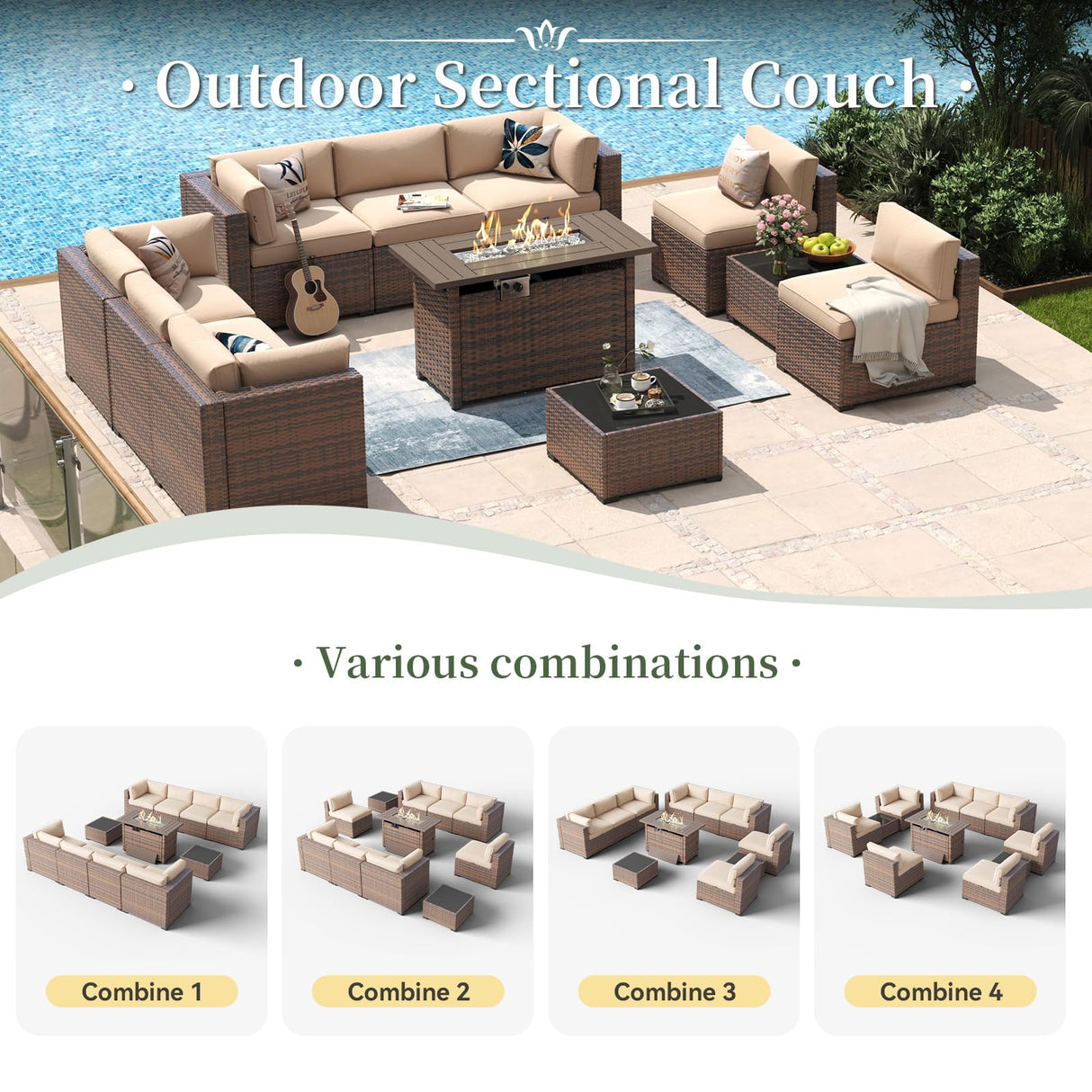 Aoxun 11 Piece Patio Furniture Set with 44” Fire Pit Table Wicker Rattan Outdoor Sectional Sofa Set with Coffee Table and Thickened Cushions, Beige (Waterproof Cover Included) Aoxun